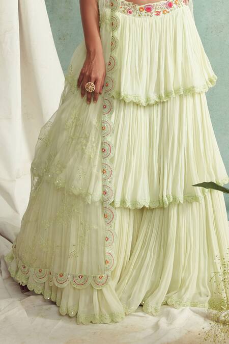 Shop_Priyanka Jain_Green Cape Organza, Lehenga Georgette Chanderi V Neck And Set _Online_at_Aza_Fashions