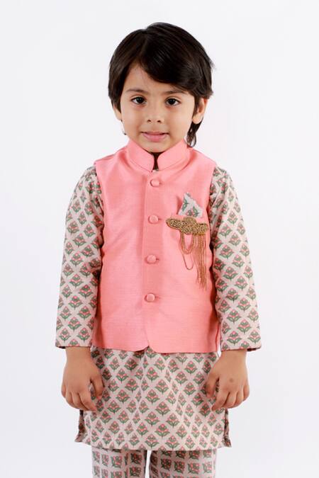 Shop_Lil Angels_Peach Muslin Brooches Bundi And Floral Printed Kurta Set _Online_at_Aza_Fashions