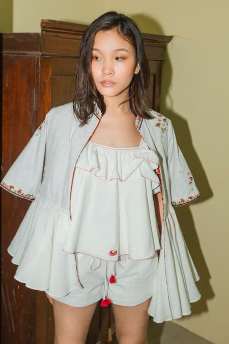 Nikasha White Cotton Band Collar Peplum Jacket