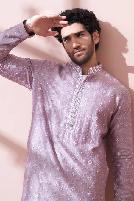 Kora By Nilesh Mitesh_Purple Silk Geometric, Resham Embroidered Kurta Set_Online_at_Aza_Fashions