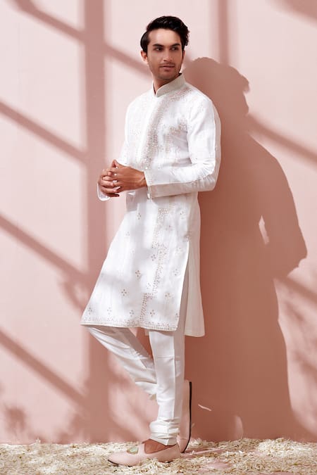 Kora By Nilesh Mitesh_White Silk Mirror, Thread, Zari Work Embroidered Kurta Set_Online_at_Aza_Fashions