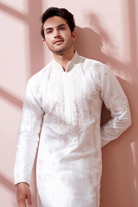 Buy_Kora By Nilesh Mitesh_White Silk Mirror, Thread, Zari Work Embroidered Kurta Set_Online_at_Aza_Fashions
