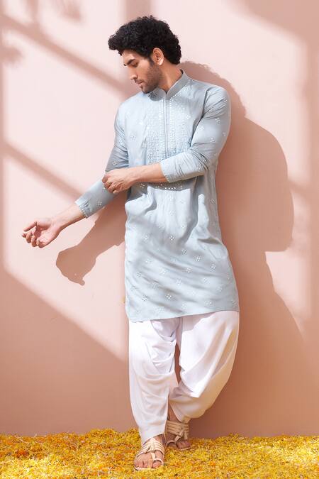 Shop Kora By Nilesh Mitesh Blue Rayon Mirror Work Embroidered Pathani Kurta Set at Aza Fashions Shop_Kora By Nilesh Mitesh_Blue Rayon Mirror Work Embroidered Pathani Kurta Set_at_Aza_Fashions