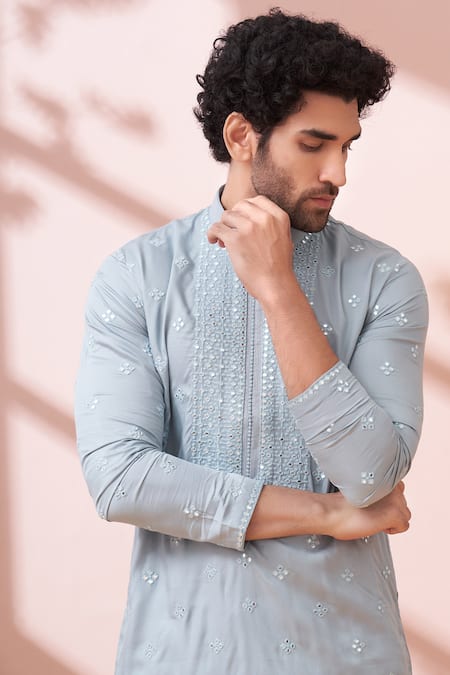 Kora By Nilesh Mitesh Blue Rayon Mirror Work Embroidered Pathani Kurta Set at Aza Fashions Kora By Nilesh Mitesh_Blue Rayon Mirror Work Embroidered Pathani Kurta Set_at_Aza_Fashions