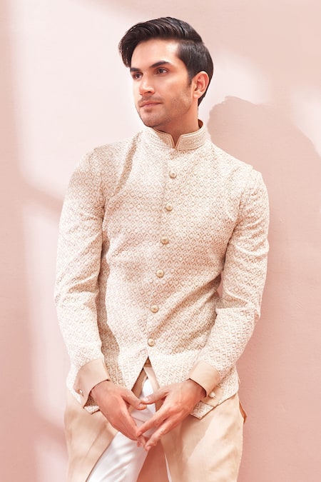 Kora By Nilesh Mitesh_Peach Silk Lucknowi, Floral Pattern, Thread And Embroidered Sherwani Kurta Set_Online_at_Aza_Fashions