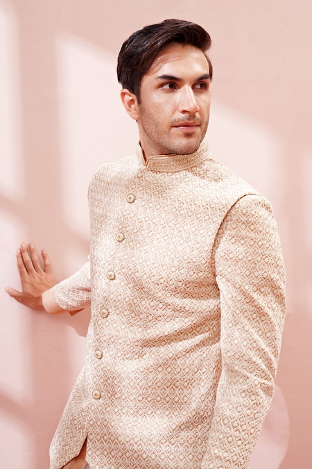 Buy_Kora By Nilesh Mitesh_Peach Silk Lucknowi, Floral Pattern, Thread And Embroidered Sherwani Kurta Set_Online_at_Aza_Fashions