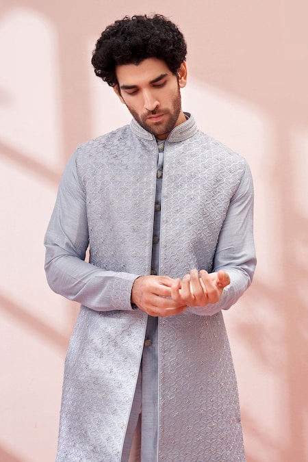Shop_Kora By Nilesh Mitesh_Blue Silk Resham Thread Work Embroidered Sherwani With Kurta Set_Online_at_Aza_Fashions