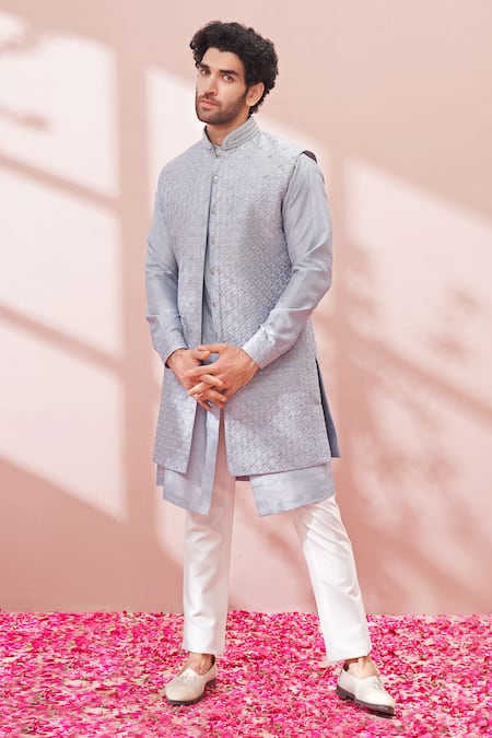 Shop_Kora By Nilesh Mitesh_Blue Silk Resham Thread Work Embroidered Sherwani With Kurta Set_at_Aza_Fashions