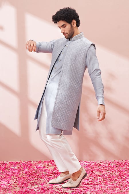 Buy_Kora By Nilesh Mitesh_Blue Silk Resham Thread Work Embroidered Sherwani With Kurta Set_Online_at_Aza_Fashions