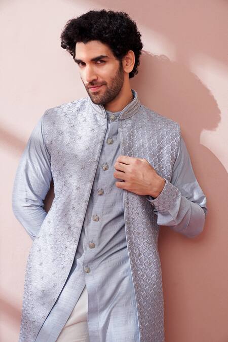 Kora By Nilesh Mitesh_Blue Silk Resham Thread Work Embroidered Sherwani With Kurta Set_at_Aza_Fashions