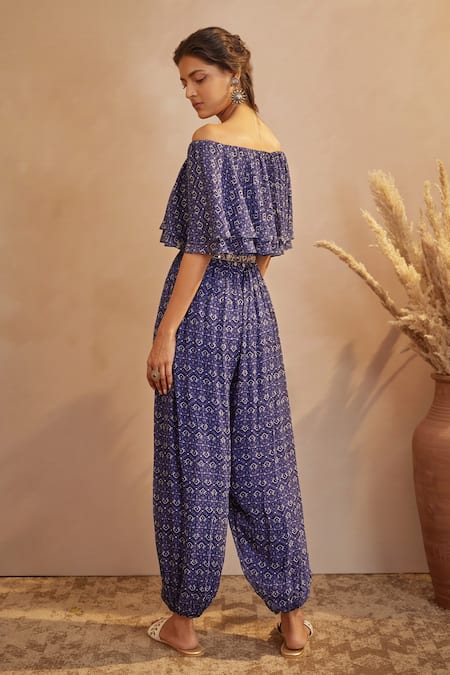 Shop Aneesh Agarwaal Blue Georgette Abstract Print, Mirror And Thread One Shoulder Off Jumpsuit at Aza Fashions Shop_Aneesh Agarwaal_Blue Georgette Abstract Print, Mirror And Thread One Shoulder Off Jumpsuit _at_Aza_Fashions