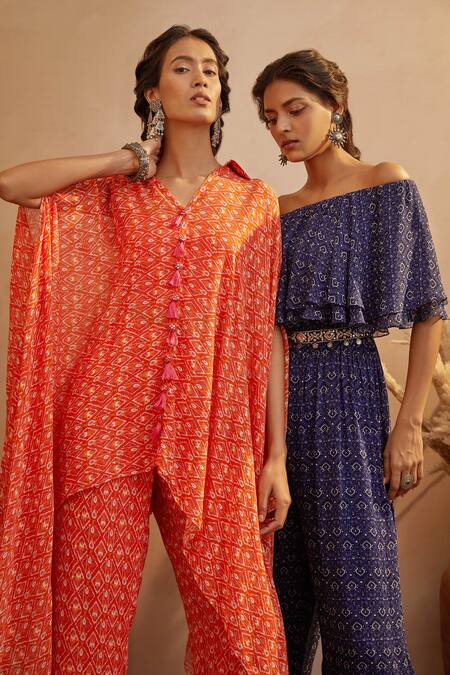 Buy Aneesh Agarwaal Blue Georgette Abstract Print, Mirror And Thread One Shoulder Off Jumpsuit Online at Aza Fashions Buy_Aneesh Agarwaal_Blue Georgette Abstract Print, Mirror And Thread One Shoulder Off Jumpsuit _Online_at_Aza_Fashions