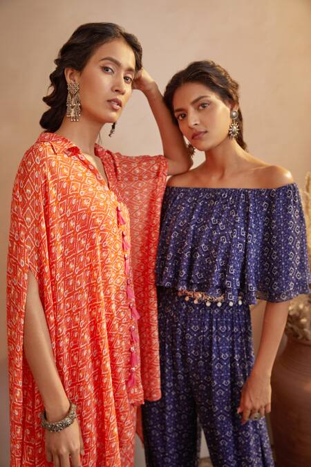 Shop Aneesh Agarwaal Blue Georgette Abstract Print, Mirror And Thread One Shoulder Off Jumpsuit Online at Aza Fashions Shop_Aneesh Agarwaal_Blue Georgette Abstract Print, Mirror And Thread One Shoulder Off Jumpsuit _Online_at_Aza_Fashions