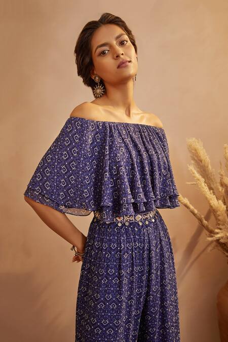 Aneesh Agarwaal Blue Georgette Abstract Print, Mirror And Thread One Shoulder Off Jumpsuit at Aza Fashions Aneesh Agarwaal_Blue Georgette Abstract Print, Mirror And Thread One Shoulder Off Jumpsuit _at_Aza_Fashions