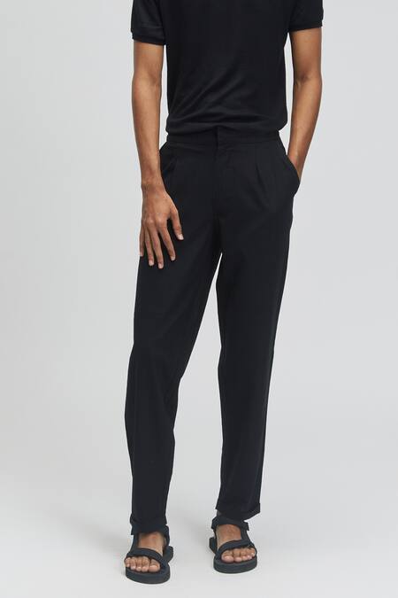 Terra Luna_Black 100% Organic Handloom Oxford Cotton Larvotto Pleated Pant_Online_at_Aza_Fashions