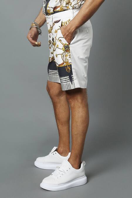 Buy_House Of Three_White Cotton Linen Jewel Dravida Print Shorts _Online_at_Aza_Fashions