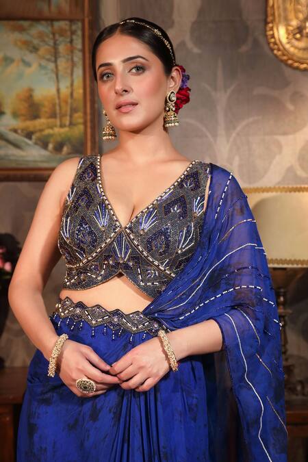 House of Zyrra by Laxmishriali_Blue Blouse - Dupion, Saree - Georgette Digital Print, Beads Predraped With_Online_at_Aza_Fashions