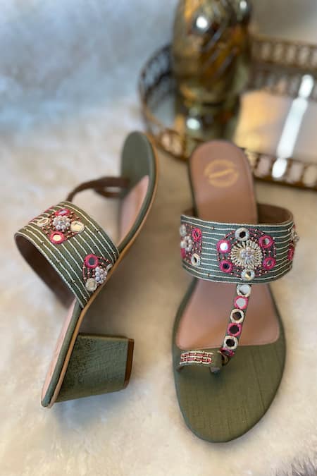 Modanta Footwear_Green Embroidery Mirror Kolhapuri Block Heels _Online_at_Aza_Fashions