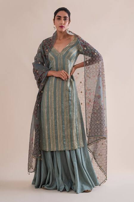 Ekaya Banaras Green Silk V Neck Handwoven Gharara Set Online at Aza Fashions Ekaya Banaras_Green Silk V Neck Handwoven Gharara Set_Online_at_Aza_Fashions