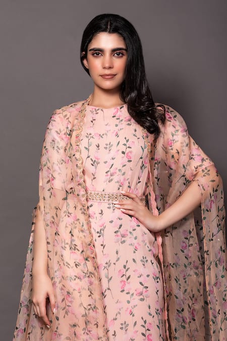 Buy_Vara By Vibha N Priti_Peach Chiffon, Organza Cut Work, Pearls Round Floral Print Jumpsuit And Cape Set _Online_at_Aza_Fashions