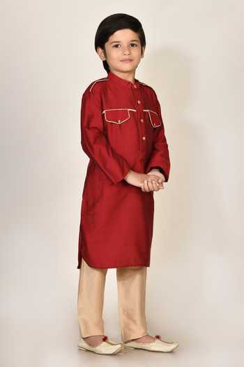 Petite Pomme_Red Cotton, Silk Pathani Kurta And Pant Set _Online_at_Aza_Fashions