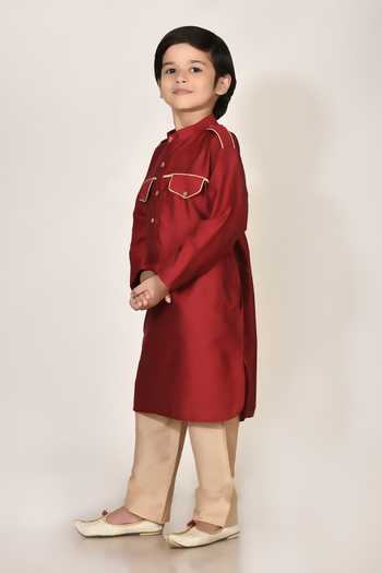 Buy_Petite Pomme_Red Cotton, Silk Pathani Kurta And Pant Set _Online_at_Aza_Fashions