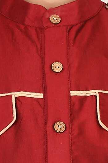 Petite Pomme_Red Cotton, Silk Pathani Kurta And Pant Set _at_Aza_Fashions