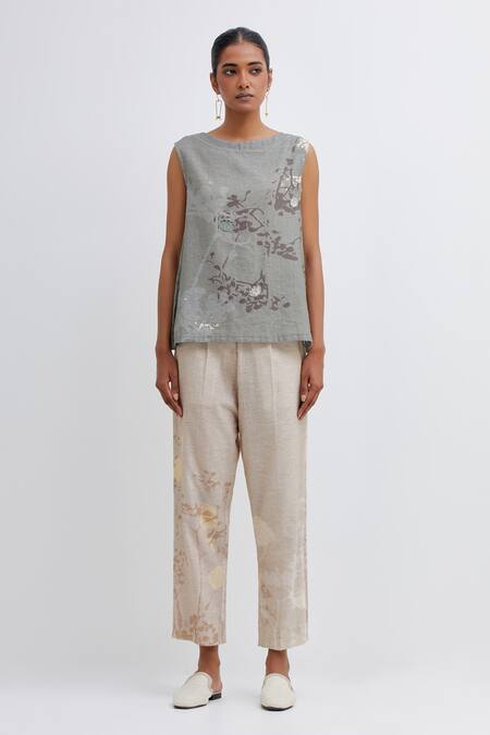 Bhavik Shah Green Handloom Cotton Embroidery Round Handwoven Foliage Pattern Top With Pant Online at Aza Fashions Bhavik Shah_Green Handloom Cotton Embroidery Round Handwoven Foliage Pattern Top With Pant_Online_at_Aza_Fashions