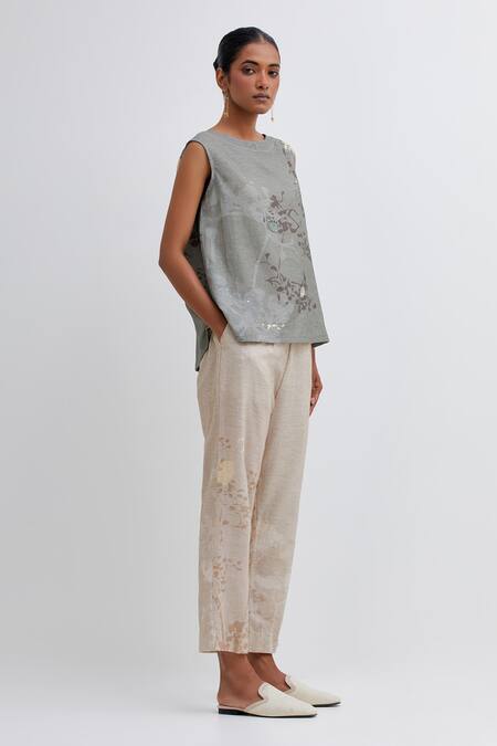 Buy Bhavik Shah Green Handloom Cotton Embroidery Round Handwoven Foliage Pattern Top With Pant Online at Aza Fashions Buy_Bhavik Shah_Green Handloom Cotton Embroidery Round Handwoven Foliage Pattern Top With Pant_Online_at_Aza_Fashions