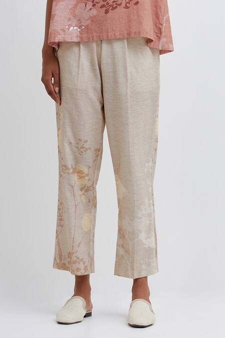 Bhavik Shah_Brown Handloom Cotton Embroidery Round Neck Handwoven Floral Top And Pant Set_Online_at_Aza_Fashions