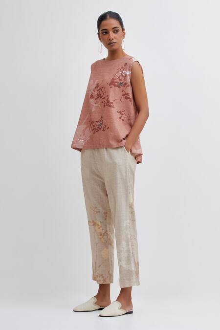 Buy_Bhavik Shah_Brown Handloom Cotton Embroidery Round Neck Handwoven Floral Top And Pant Set_Online_at_Aza_Fashions