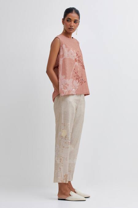 Shop_Bhavik Shah_Brown Handloom Cotton Embroidery Round Neck Handwoven Floral Top And Pant Set_Online_at_Aza_Fashions