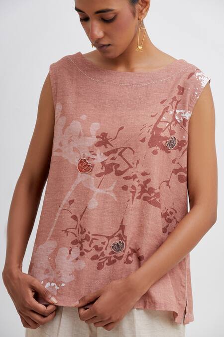 Bhavik Shah_Brown Handloom Cotton Embroidery Round Neck Handwoven Floral Top And Pant Set_at_Aza_Fashions