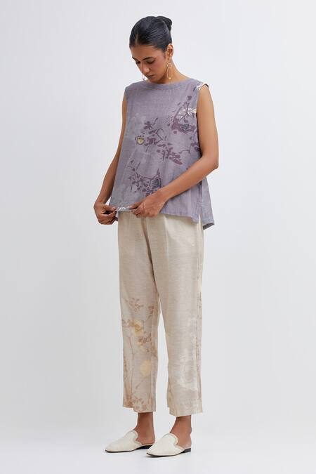 Bhavik Shah_Purple Handloom Cotton Handwoven Foliage Pattern Sleeveless Top With Pant_Online_at_Aza_Fashions