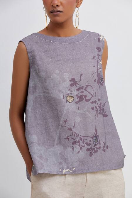 Bhavik Shah_Purple Handloom Cotton Handwoven Foliage Pattern Sleeveless Top With Pant_at_Aza_Fashions