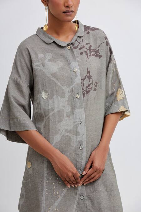 Bhavik Shah_Green , Handloom Foliage Pattern Longline Shirt And Pant Set_Online_at_Aza_Fashions