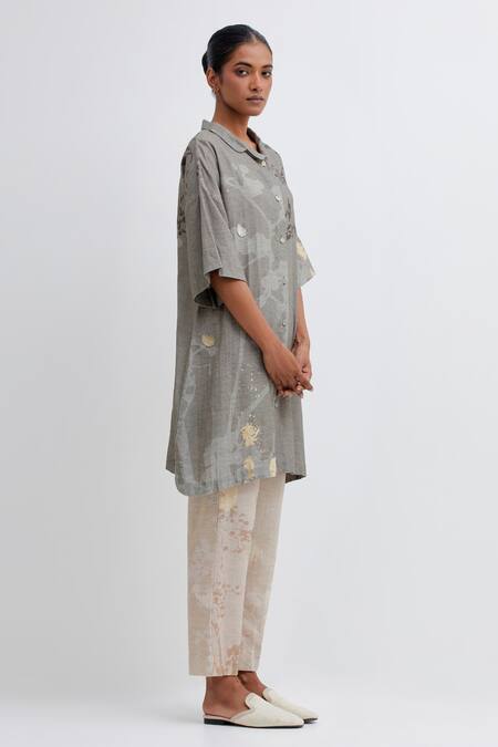 Shop_Bhavik Shah_Green , Handloom Foliage Pattern Longline Shirt And Pant Set_Online_at_Aza_Fashions