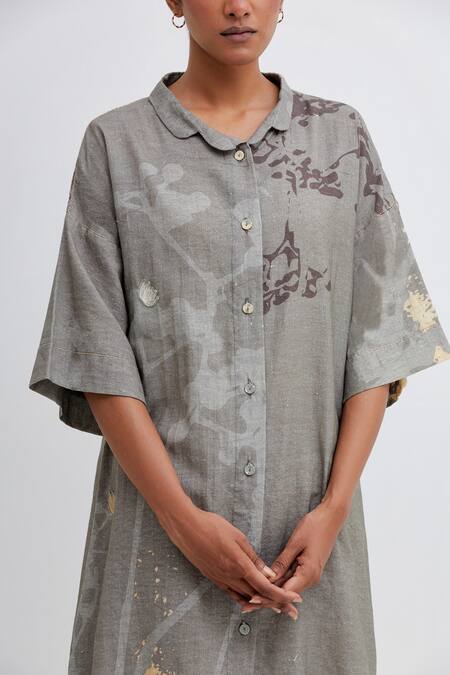 Bhavik Shah_Green , Handloom Foliage Pattern Longline Shirt And Pant Set_at_Aza_Fashions