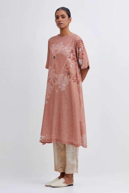 Bhavik Shah Brown Handloom Cotton Applique Round Neck Foliage Pattern Kurta Pant Set Online at Aza Fashions Bhavik Shah_Brown Handloom Cotton Applique Round Neck Foliage Pattern Kurta Pant Set_Online_at_Aza_Fashions