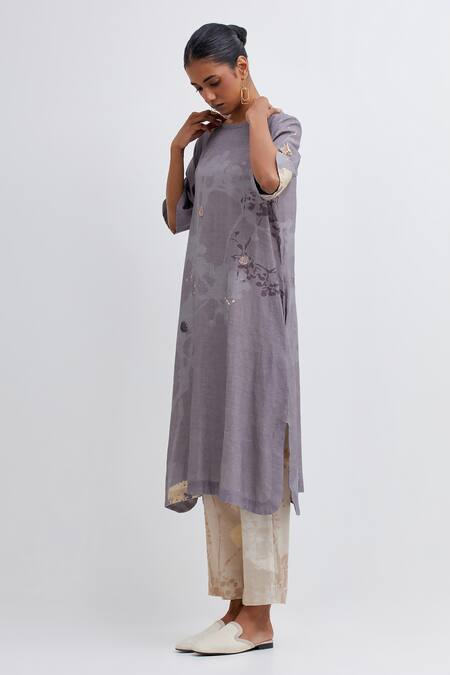 Bhavik Shah_Purple Handloom Cotton Applique Foliage Pattern Kurta Set With Contrast Pant_Online_at_Aza_Fashions