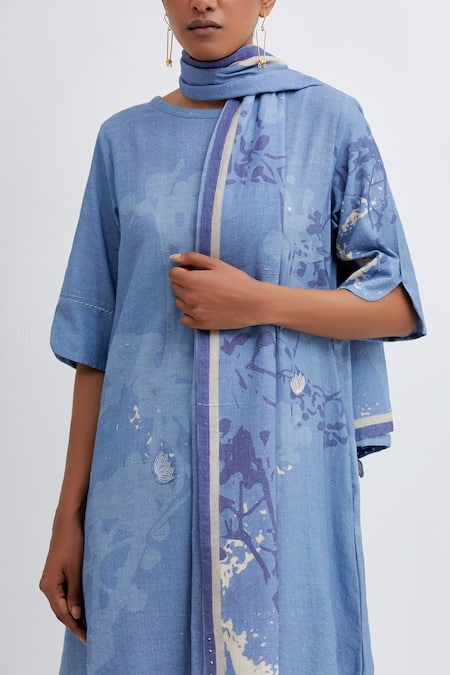Shop_Bhavik Shah_Blue Handloom Cotton Applique Round Neck Straight Foliage Pattern Kurta Pant Set_Online_at_Aza_Fashions