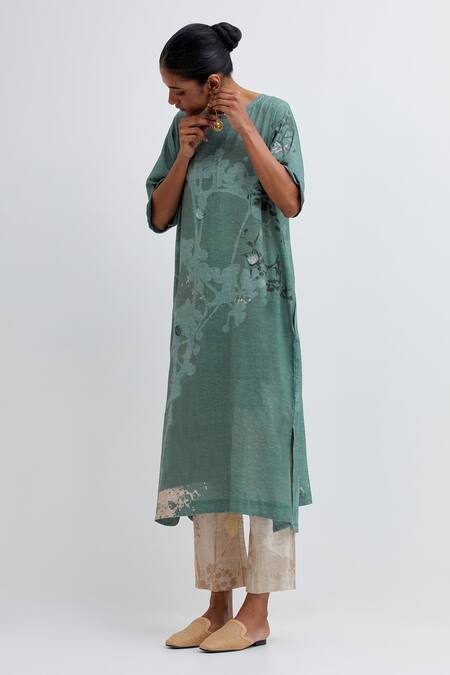 Bhavik Shah_Green Handloom Cotton Applique Round On Foliage Pattern Kurta Pant Set_Online_at_Aza_Fashions