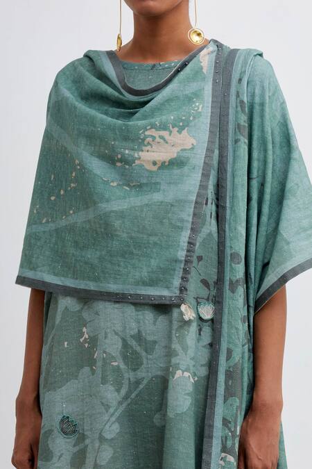 Shop_Bhavik Shah_Green Handloom Cotton Applique Round On Foliage Pattern Kurta Pant Set_Online_at_Aza_Fashions