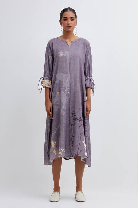 Bhavik Shah Purple Handloom Cotton Applique Split Handwoven Midi Dress With Forest Patterns Online at Aza Fashions Bhavik Shah_Purple Handloom Cotton Applique Split Handwoven Midi Dress With Forest Patterns_Online_at_Aza_Fashions