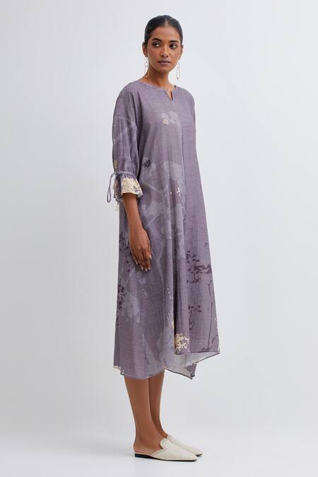 Buy Bhavik Shah Purple Handloom Cotton Applique Split Handwoven Midi Dress With Forest Patterns Online at Aza Fashions Buy_Bhavik Shah_Purple Handloom Cotton Applique Split Handwoven Midi Dress With Forest Patterns_Online_at_Aza_Fashions