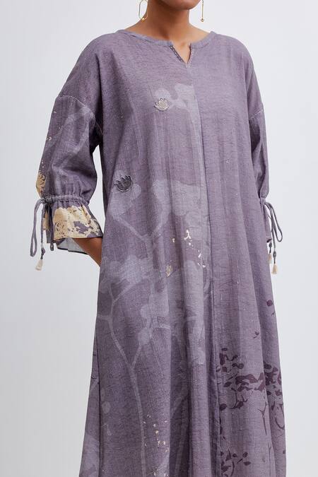 Shop Bhavik Shah Purple Handloom Cotton Applique Split Handwoven Midi Dress With Forest Patterns Online at Aza Fashions Shop_Bhavik Shah_Purple Handloom Cotton Applique Split Handwoven Midi Dress With Forest Patterns_Online_at_Aza_Fashions