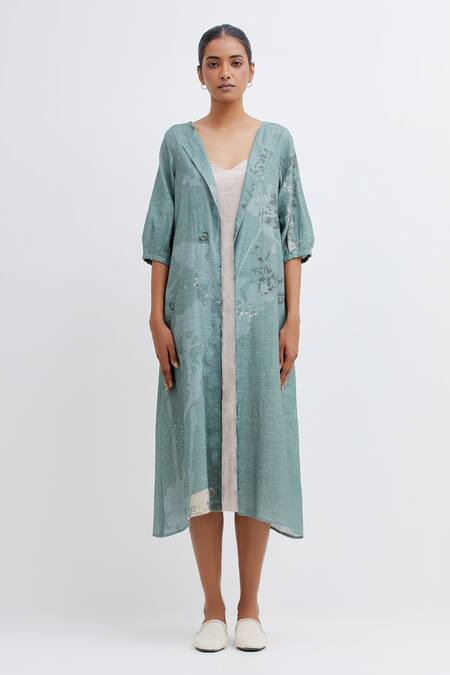 Bhavik Shah_Green Handloom Cotton Applique V-neck Foliage Pattern Jacket With Dress_Online_at_Aza_Fashions
