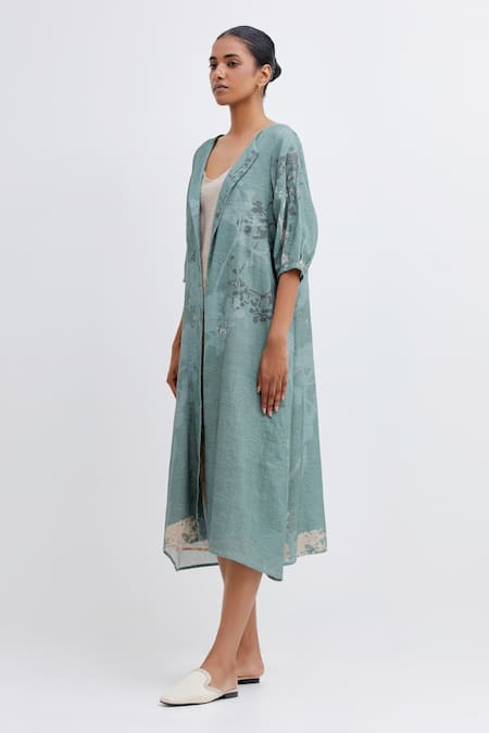 Buy_Bhavik Shah_Green Handloom Cotton Applique V-neck Foliage Pattern Jacket With Dress_Online_at_Aza_Fashions