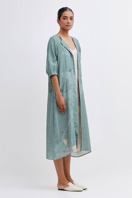Shop_Bhavik Shah_Green Handloom Cotton Applique V-neck Foliage Pattern Jacket With Dress_Online_at_Aza_Fashions