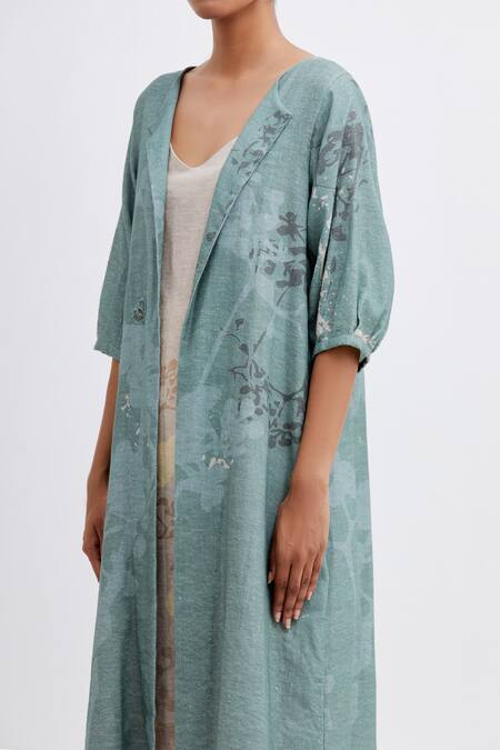 Bhavik Shah_Green Handloom Cotton Applique V-neck Foliage Pattern Jacket With Dress_at_Aza_Fashions